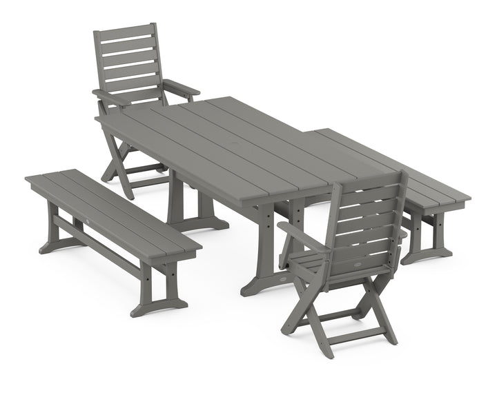 POLYWOOD® Captain Folding Chair 5-Piece Farmhouse Dining Set With Trestle Legs
