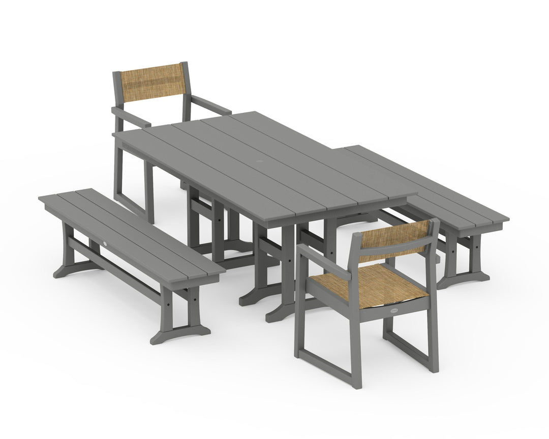 POLYWOOD® EDGE Sling Arm Chair 5-Piece Farmhouse Dining Set with Benches