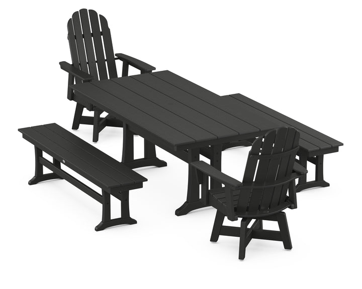 POLYWOOD® Vineyard Curveback Adirondack Swivel Chair 5-Piece Farmhouse Dining Set With Trestle Legs and Benches