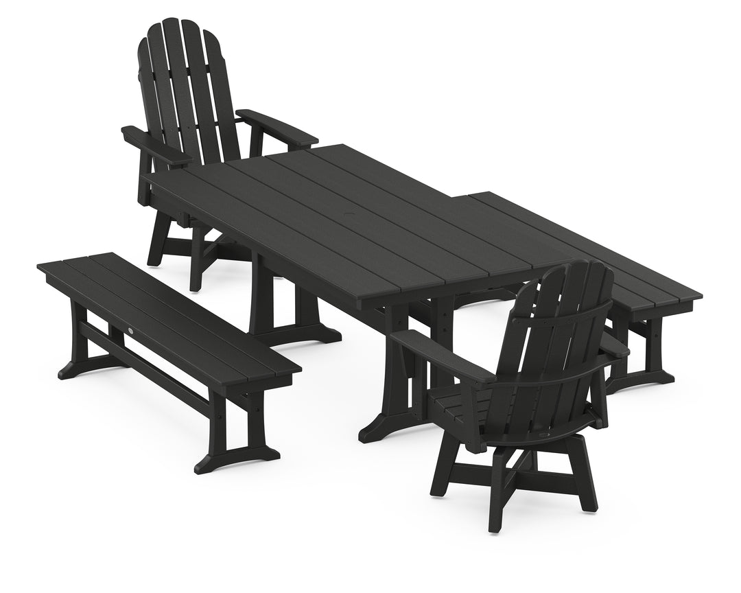 POLYWOOD® Vineyard Curveback Adirondack Swivel Chair 5-Piece Farmhouse Dining Set With Trestle Legs and Benches