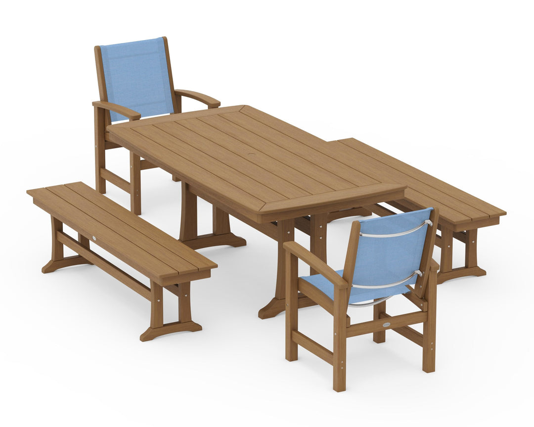 POLYWOOD® Coastal 5-Piece Dining Set with Trestle Legs and Benches