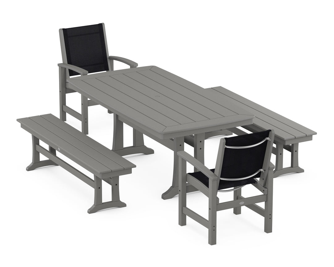 POLYWOOD® Coastal 5-Piece Dining Set with Trestle Legs and Benches