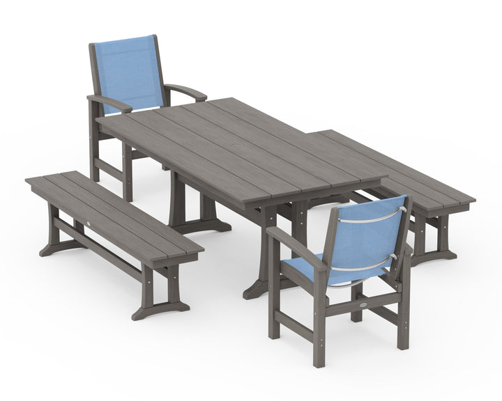 POLYWOOD® Coastal 5-Piece Farmhouse Dining Set with Trestle Legs and Benches