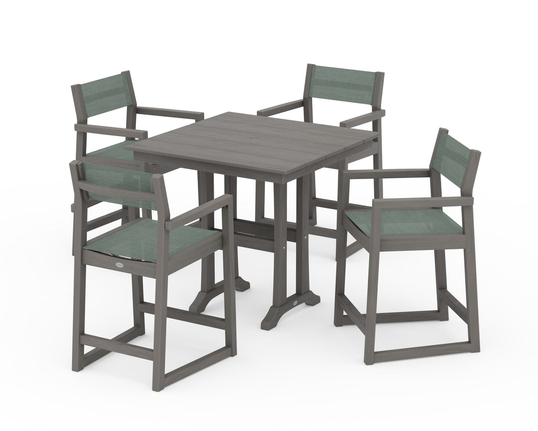 POLYWOOD® EDGE Sling Arm Chair 5-Piece Farmhouse Counter Set with Trestle Legs