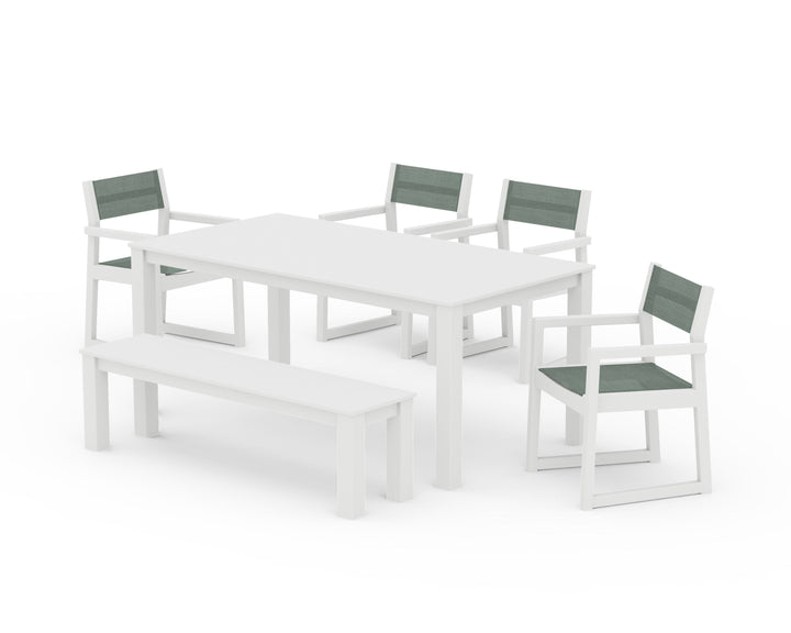 POLYWOOD® EDGE Sling Arm Chair 6-Piece Parsons Dining Set with Bench