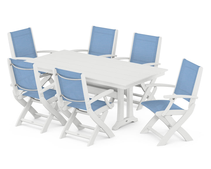 POLYWOOD® Coastal Folding Arm Chair 7-Piece Farmhouse Dining Set with Trestle Legs