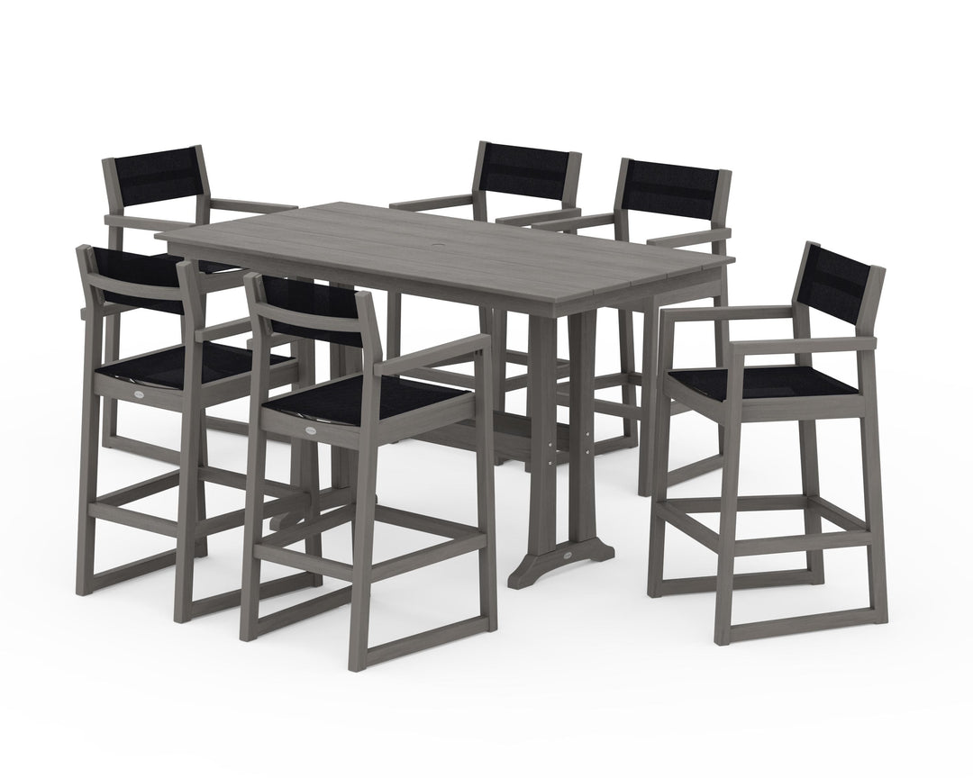 POLYWOOD® EDGE Sling Arm Chair 7-Piece Farmhouse Bar Set with Trestle Legs