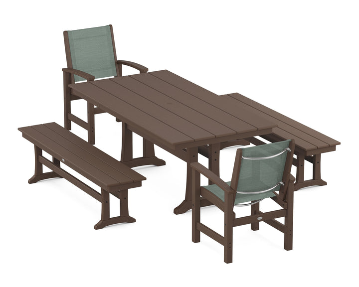 POLYWOOD® Coastal 5-Piece Farmhouse Dining Set with Trestle Legs and Benches