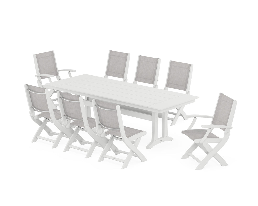 POLYWOOD® Coastal 9-Piece Folding Dining Chair Farmhouse Dining Set with Trestle Legs