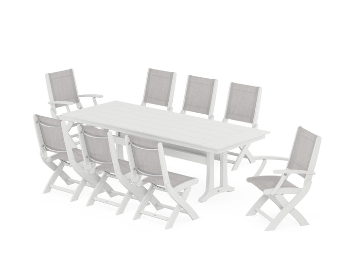 POLYWOOD® Coastal 9-Piece Folding Dining Chair Farmhouse Dining Set with Trestle Legs