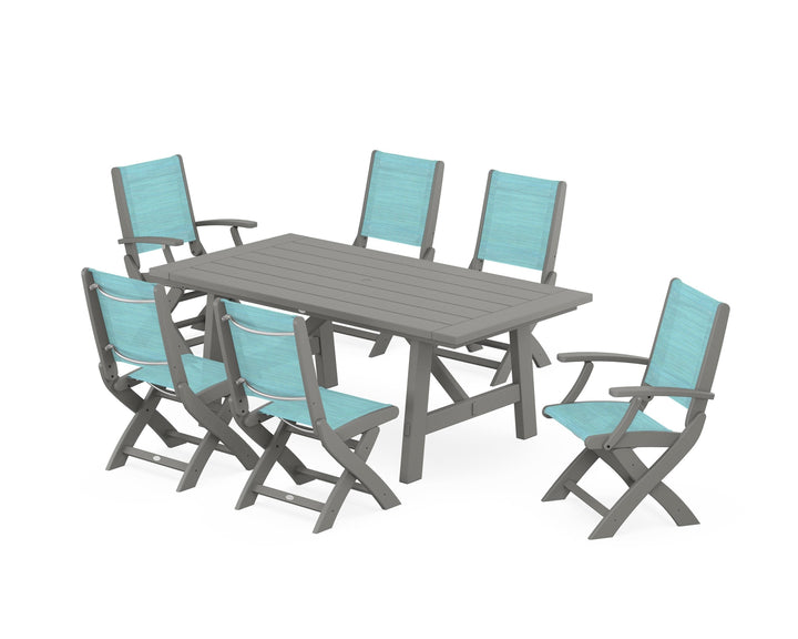 POLYWOOD® Coastal Folding Chair 7-Piece Rustic Farmhouse Dining Set