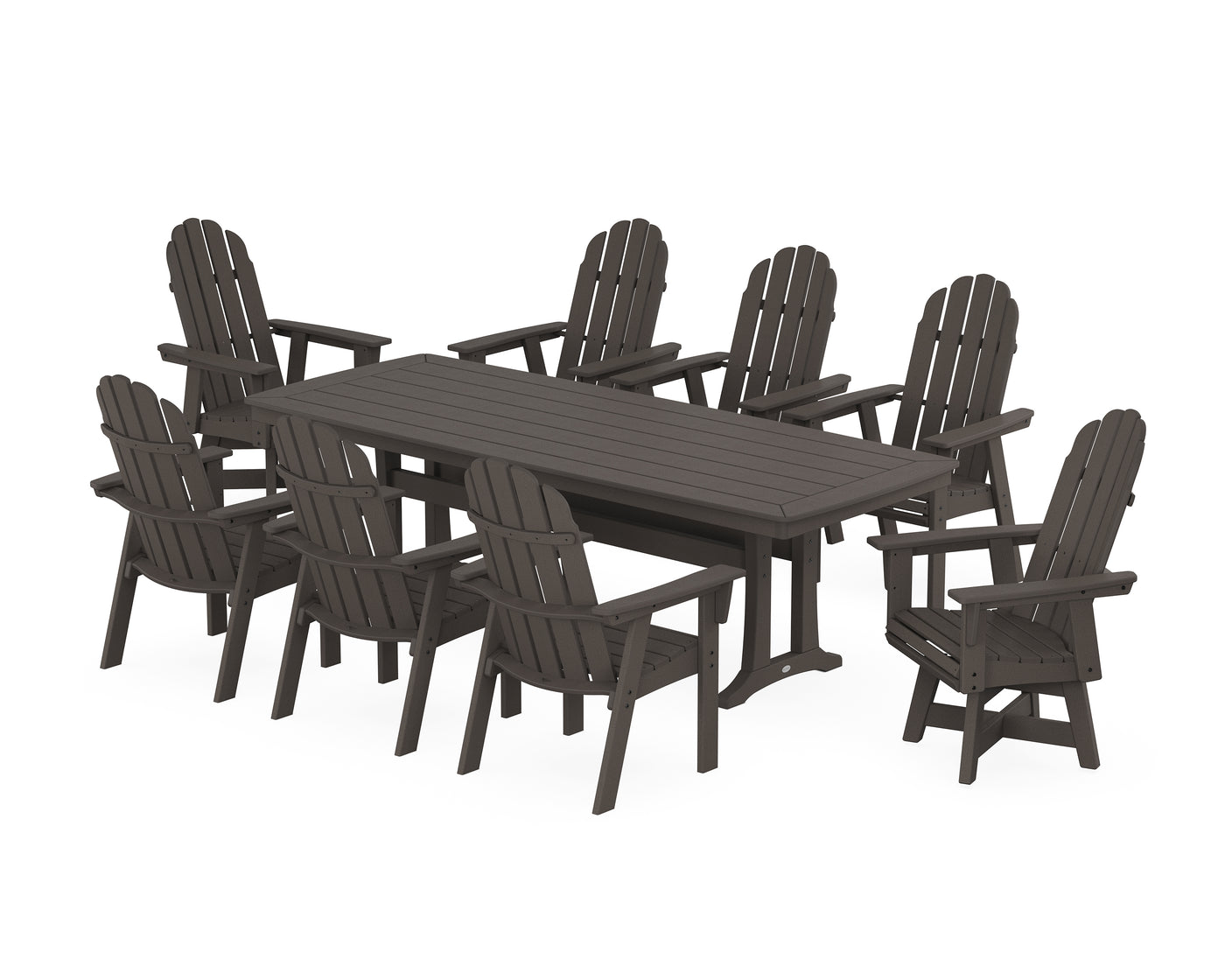 Vineyard Curveback Adirondack Swivel 9-Piece Dining Set with Trestle Legs