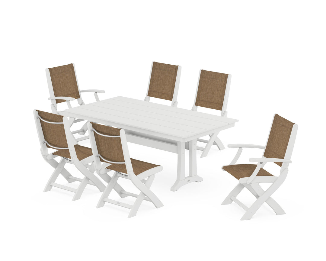 POLYWOOD® Coastal Folding Chair 7-Piece Farmhouse Dining Set with Trestle Legs