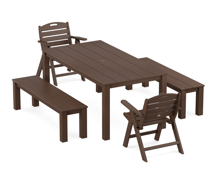 POLYWOOD® Nautical Folding Lowback Chair 5-Piece Parsons Dining Set with Benches