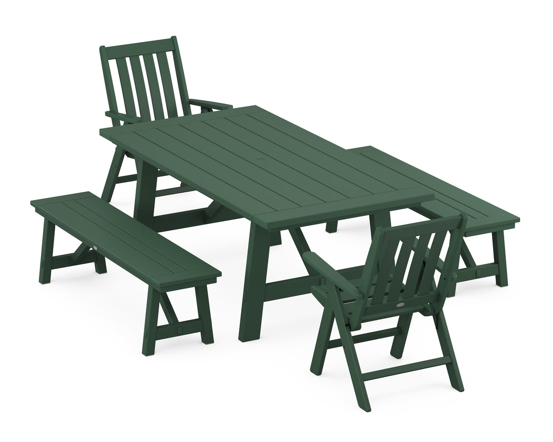 POLYWOOD® Vineyard Folding Chair 5-Piece Rustic Farmhouse Dining Set With Benches