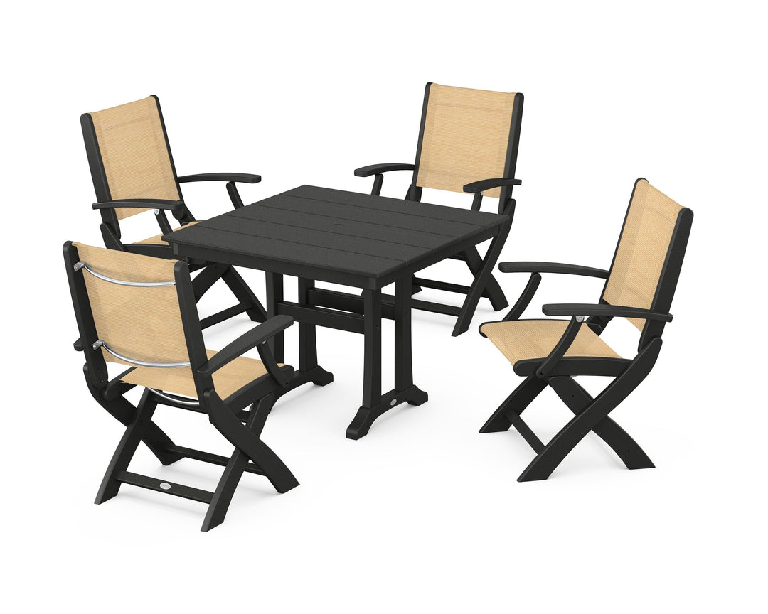 POLYWOOD® Coastal Folding Chair 5-Piece Farmhouse Dining Set With Trestle Legs