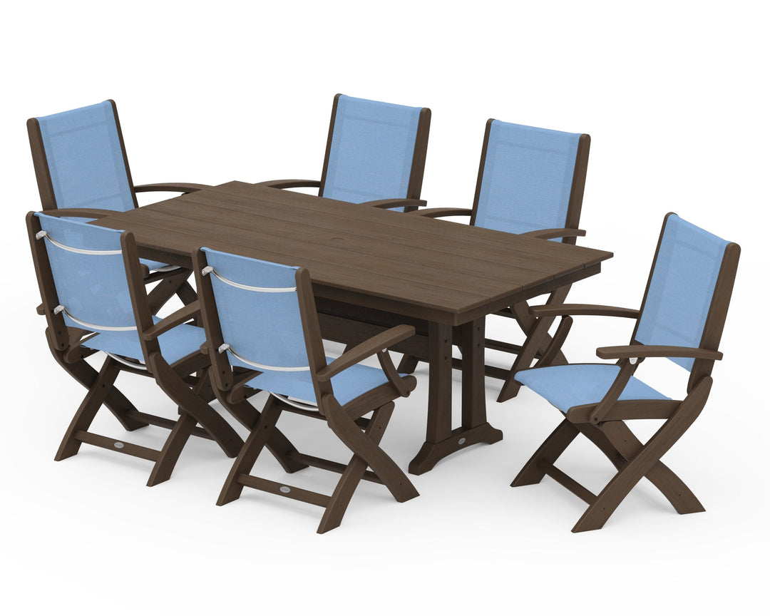 POLYWOOD® Coastal Folding Arm Chair 7-Piece Farmhouse Dining Set with Trestle Legs