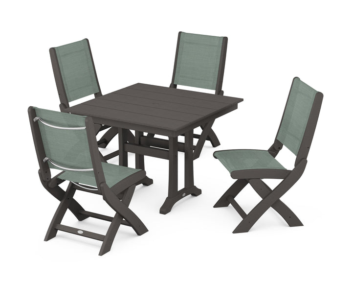 POLYWOOD® Coastal Folding Side Chair 5-Piece Farmhouse Dining Set With Trestle Legs