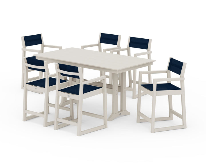 POLYWOOD® EDGE Sling Arm Chair 7-Piece Farmhouse Counter Set with Trestle Legs