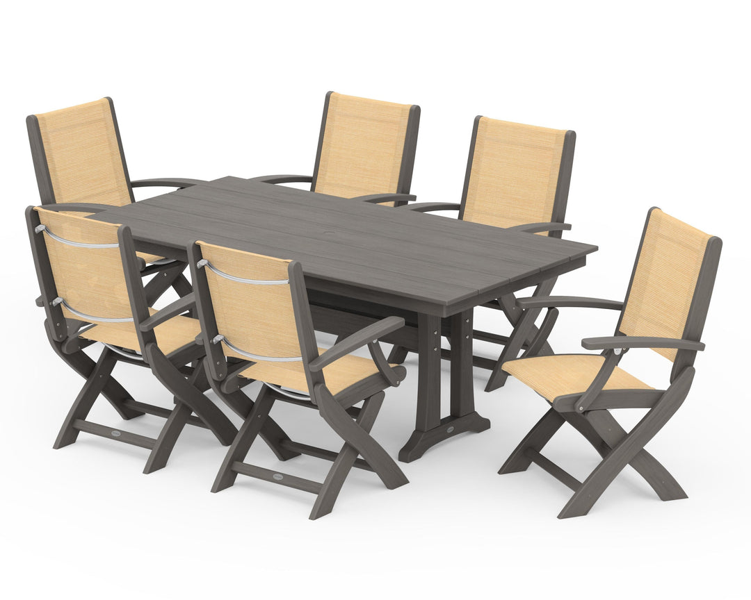 POLYWOOD® Coastal Folding Arm Chair 7-Piece Farmhouse Dining Set with Trestle Legs