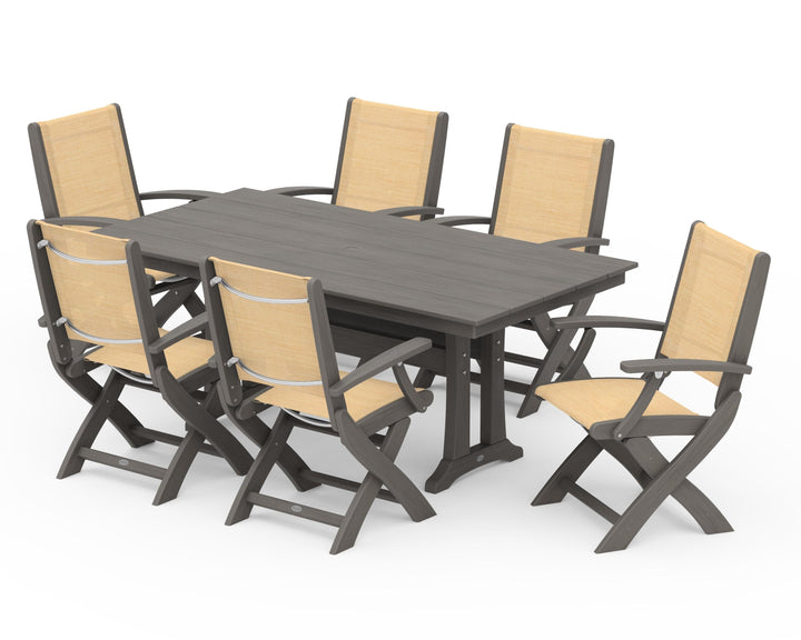 POLYWOOD® Coastal Folding Arm Chair 7-Piece Farmhouse Dining Set with Trestle Legs