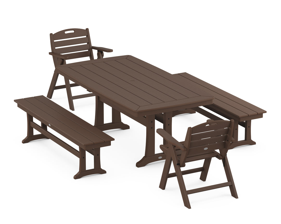 POLYWOOD® Nautical Folding Lowback Chair 5-Piece Dining Set with Trestle Legs and Benches