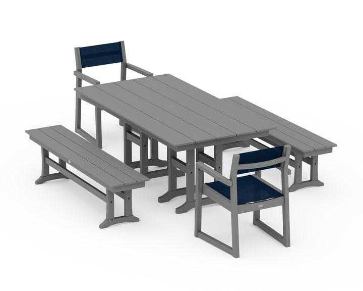 POLYWOOD® EDGE Sling Arm Chair 5-Piece Farmhouse Dining Set with Benches