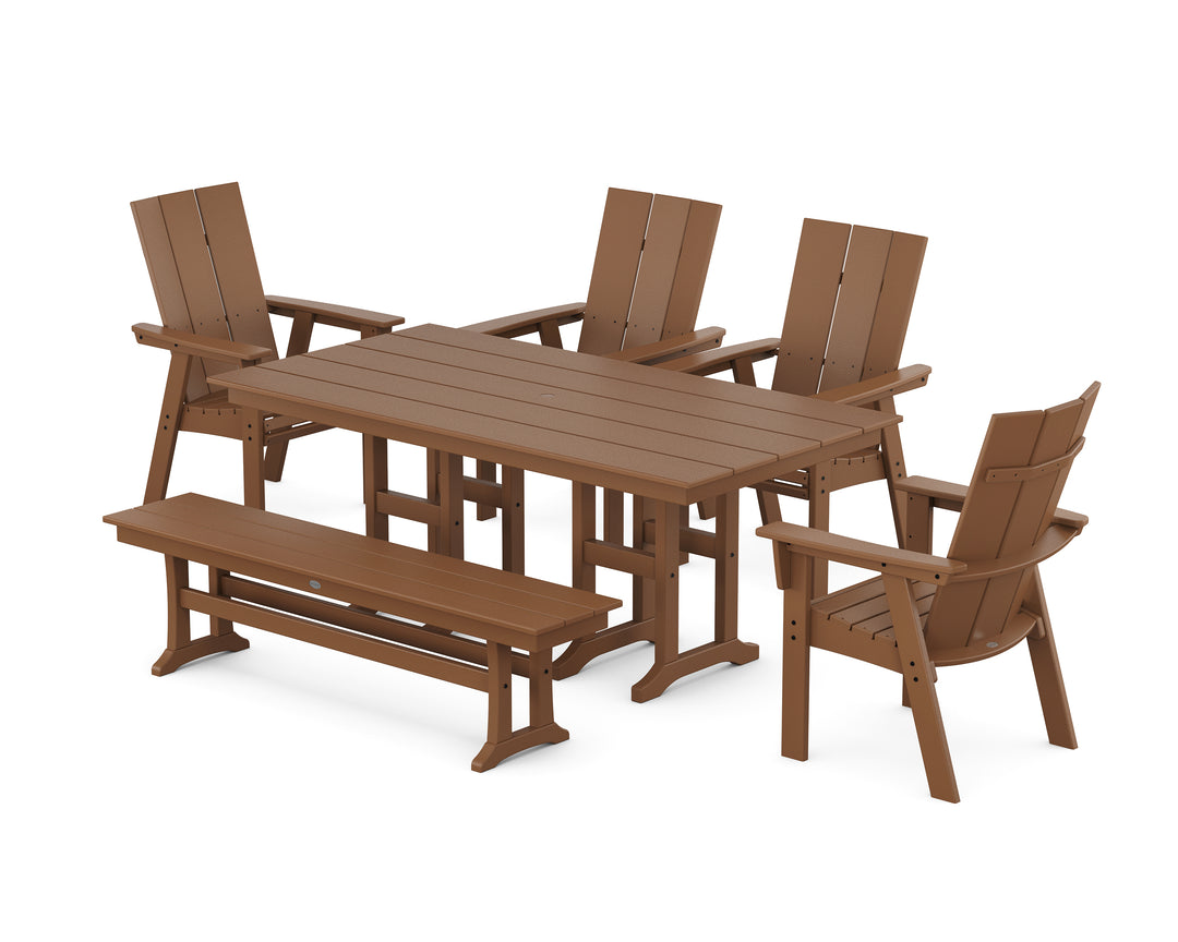 POLYWOOD® Modern Curveback Adirondack 6-Piece Farmhouse Dining Set with Bench