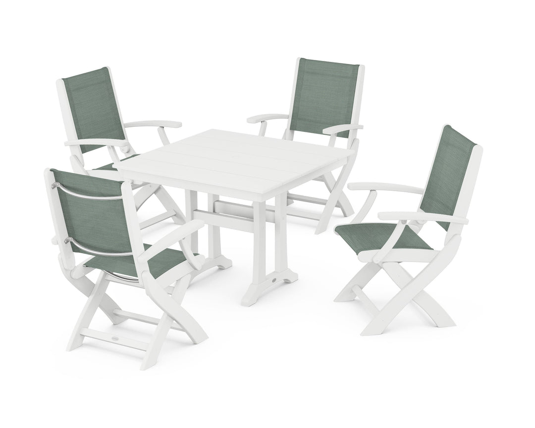 POLYWOOD® Coastal Folding Chair 5-Piece Farmhouse Dining Set With Trestle Legs