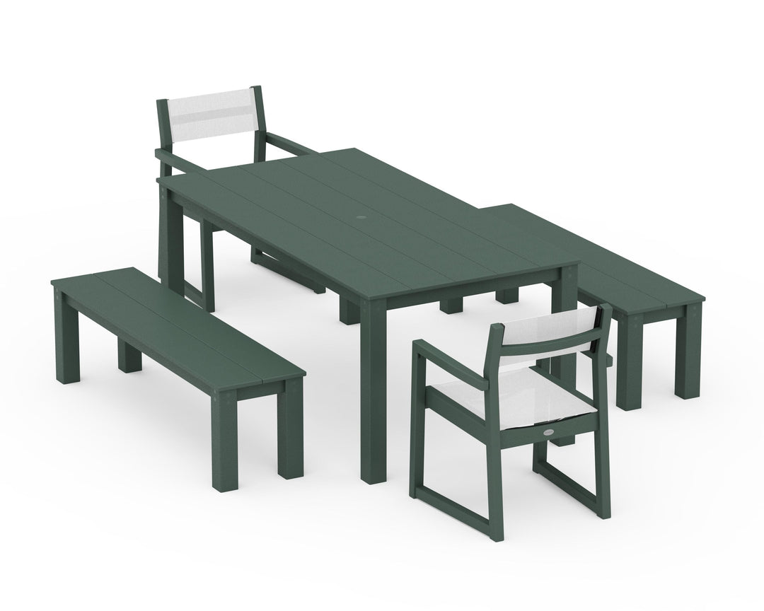 POLYWOOD® EDGE Sling Arm Chair 5-Piece Parsons Dining Set with Benches