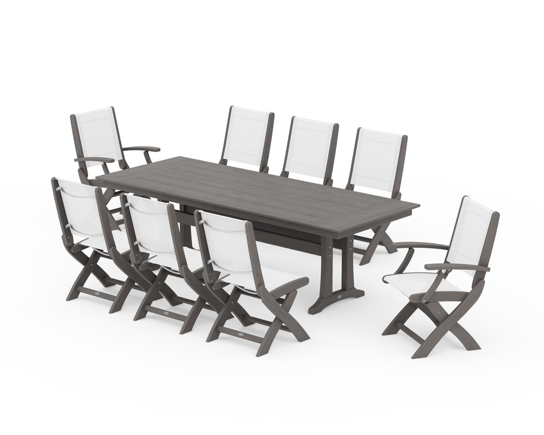 POLYWOOD® Coastal 9-Piece Folding Dining Chair Farmhouse Dining Set with Trestle Legs
