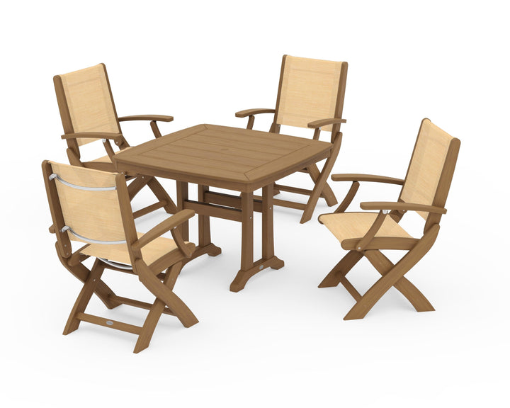 POLYWOOD® Coastal Folding Chair 5-Piece Dining Set with Trestle Legs