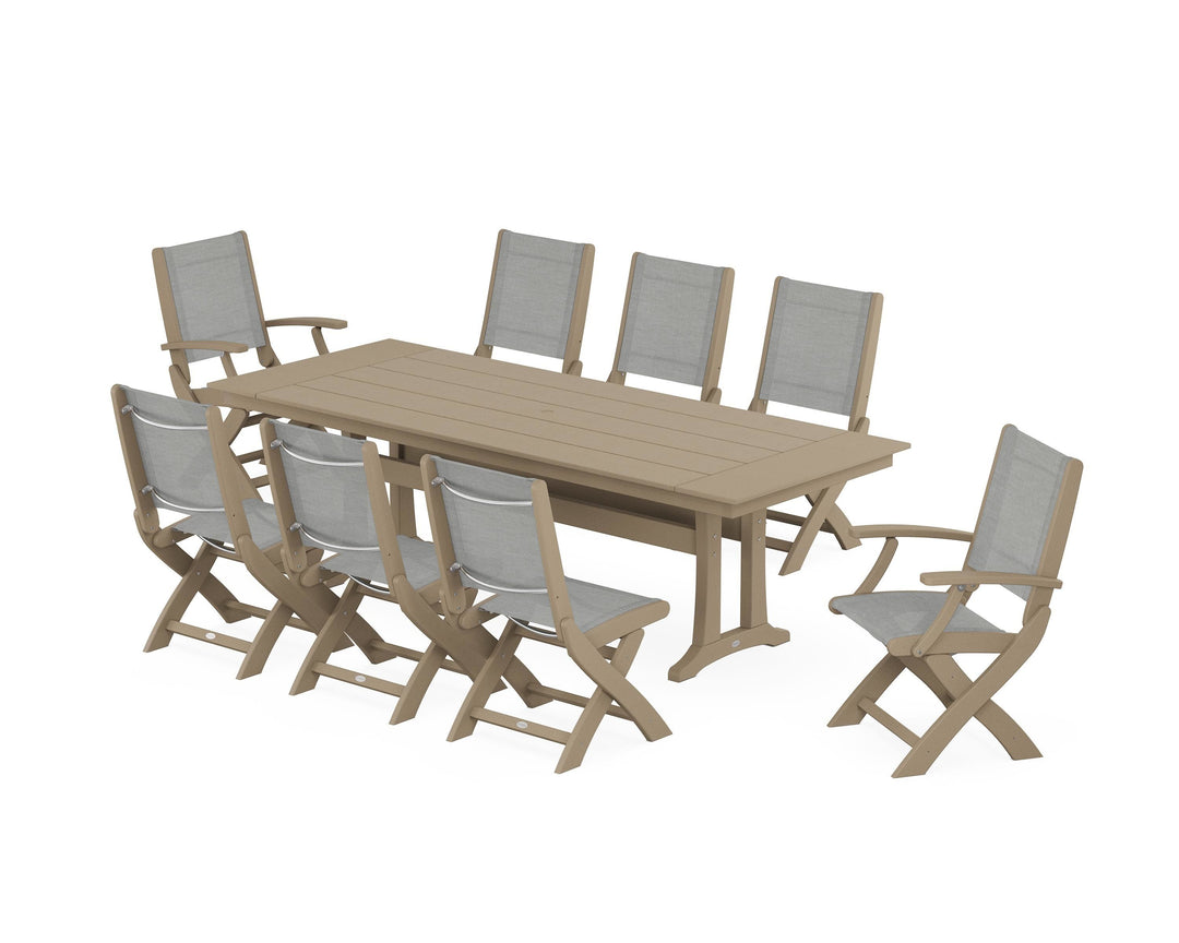 POLYWOOD® Coastal 9-Piece Folding Dining Chair Farmhouse Dining Set with Trestle Legs