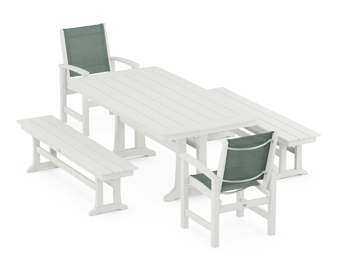 POLYWOOD® Coastal 5-Piece Dining Set with Trestle Legs and Benches