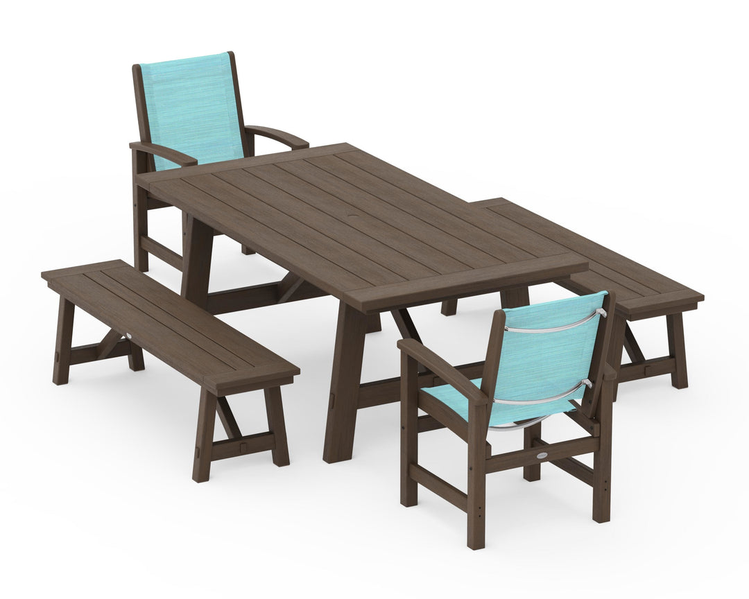 POLYWOOD® Coastal 5-Piece Rustic Farmhouse Dining Set With Benches