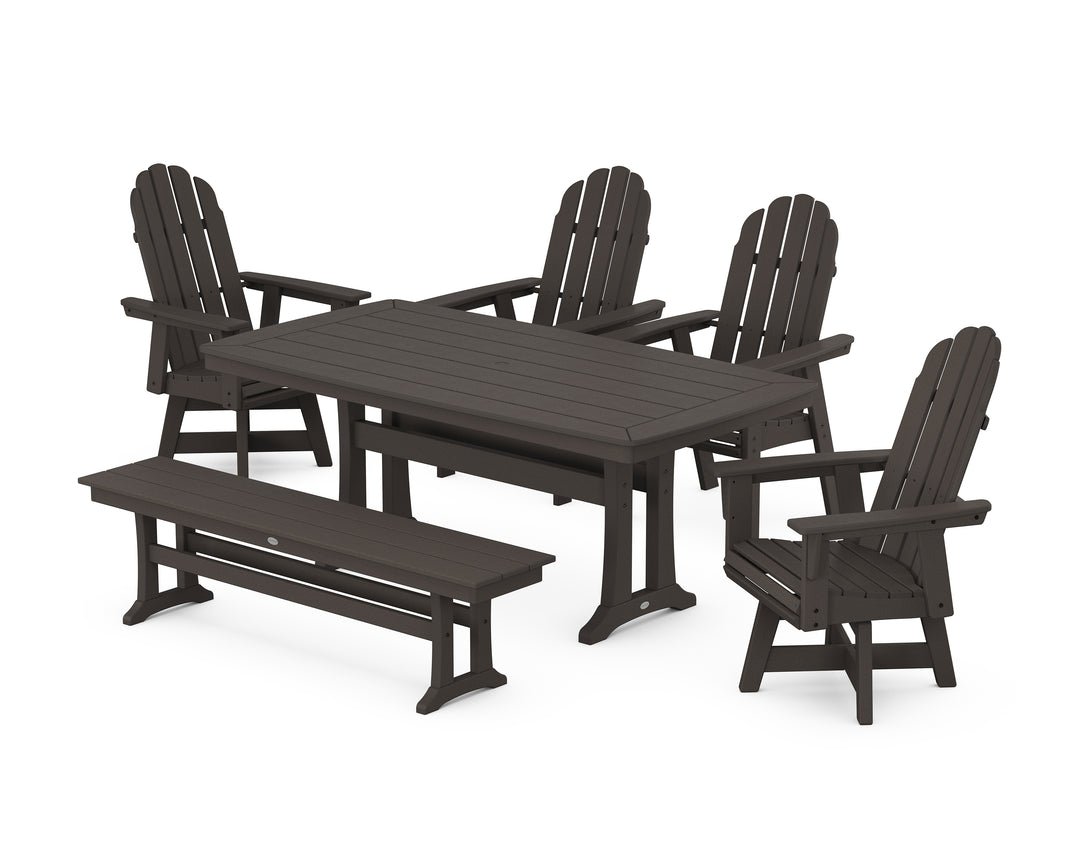POLYWOOD® Vineyard Curveback Adirondack Swivel Chair 6-Piece Dining Set with Trestle Legs and Bench