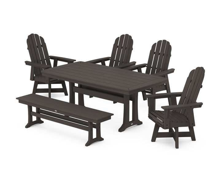 POLYWOOD® Vineyard Curveback Adirondack Swivel Chair 6-Piece Dining Set with Trestle Legs and Bench