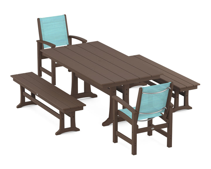 POLYWOOD® Coastal 5-Piece Farmhouse Dining Set with Trestle Legs and Benches