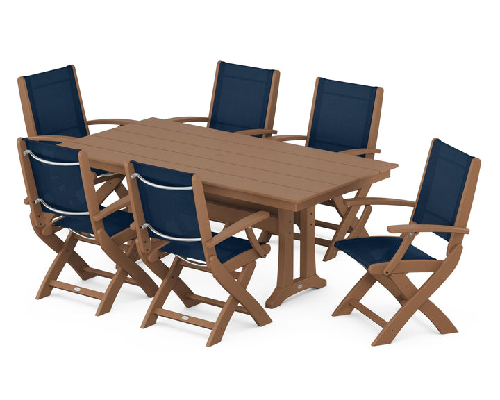 POLYWOOD® Coastal Folding Arm Chair 7-Piece Farmhouse Dining Set with Trestle Legs