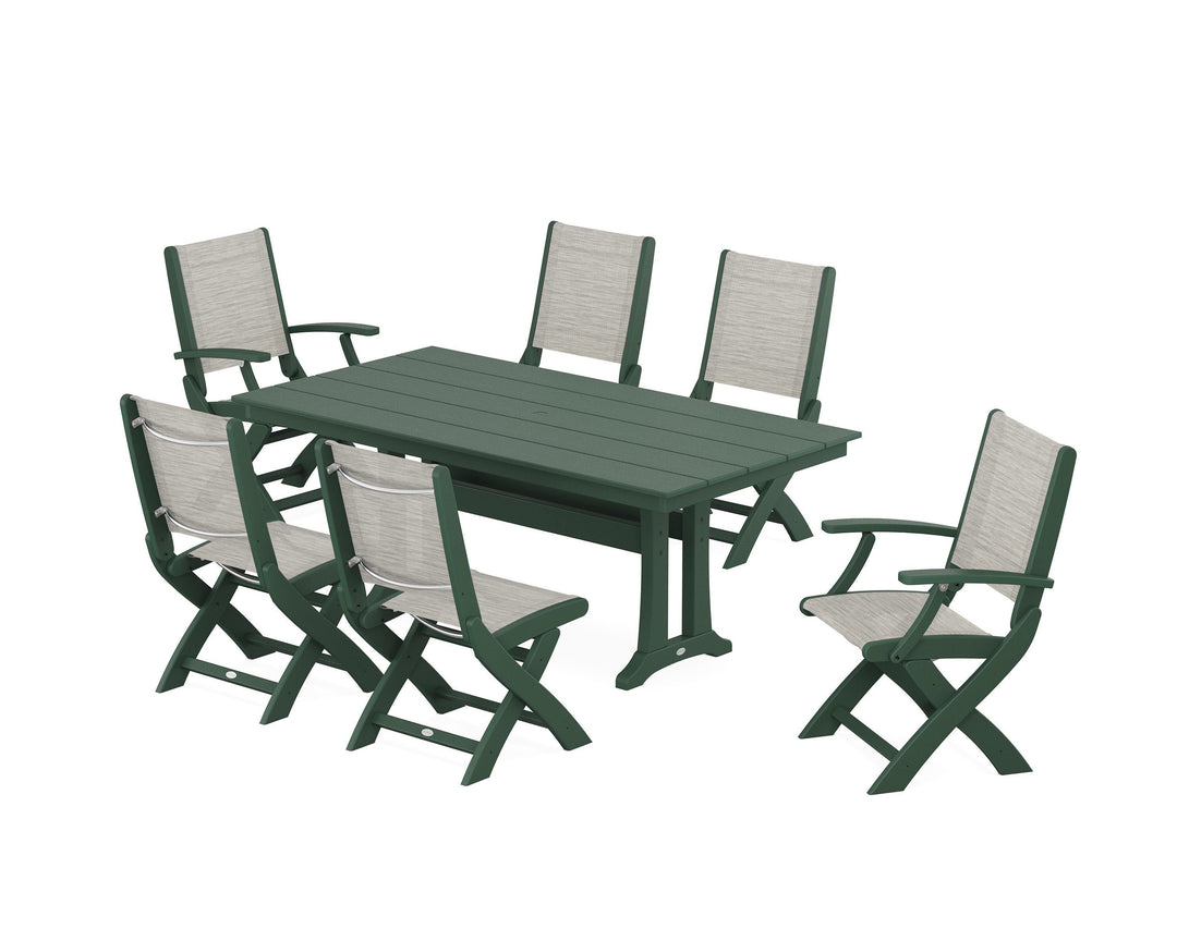 POLYWOOD® Coastal Folding Chair 7-Piece Farmhouse Dining Set with Trestle Legs
