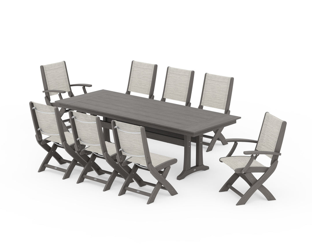 POLYWOOD® Coastal 9-Piece Folding Dining Chair Farmhouse Dining Set with Trestle Legs