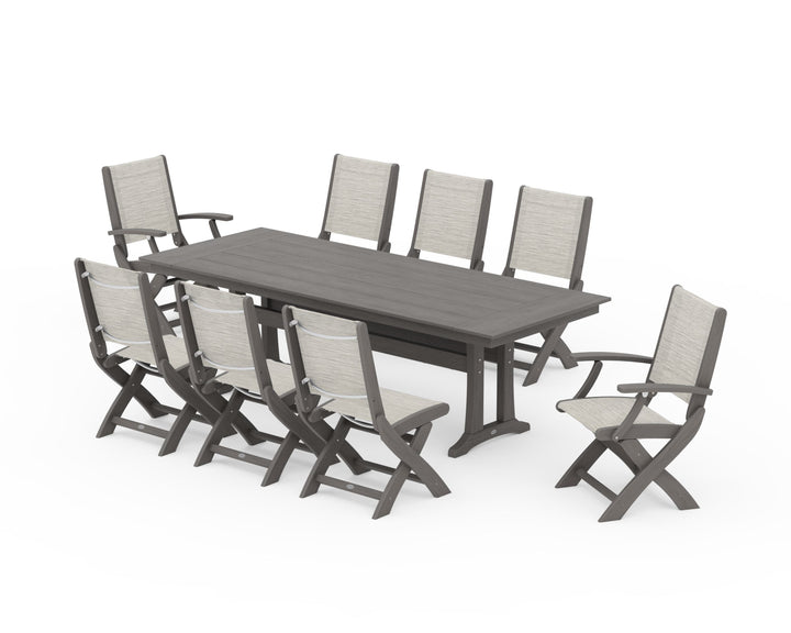 POLYWOOD® Coastal 9-Piece Folding Dining Chair Farmhouse Dining Set with Trestle Legs