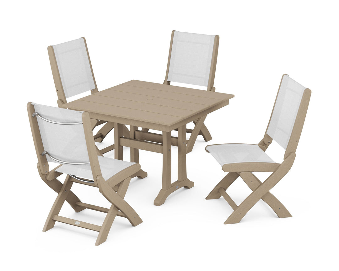 POLYWOOD® Coastal Folding Side Chair 5-Piece Farmhouse Dining Set With Trestle Legs