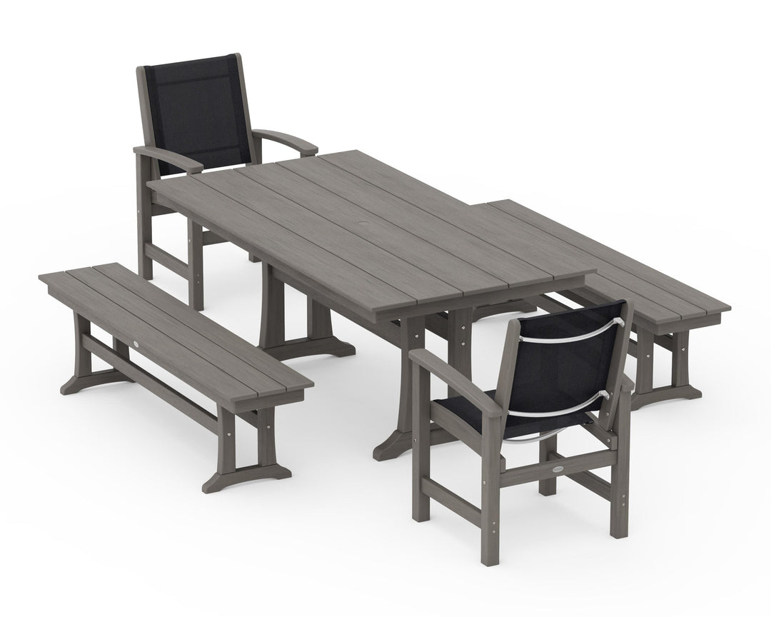 POLYWOOD® Coastal 5-Piece Farmhouse Dining Set with Trestle Legs and Benches