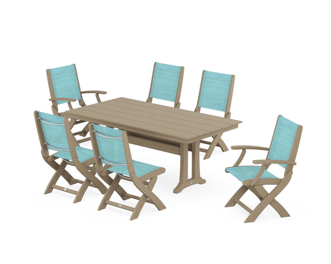 POLYWOOD® Coastal Folding Chair 7-Piece Farmhouse Dining Set with Trestle Legs