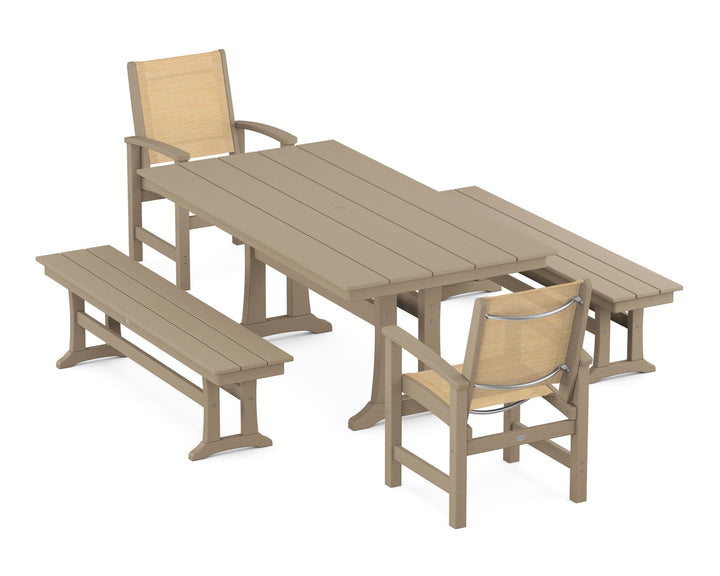 POLYWOOD® Coastal 5-Piece Farmhouse Dining Set with Trestle Legs and Benches