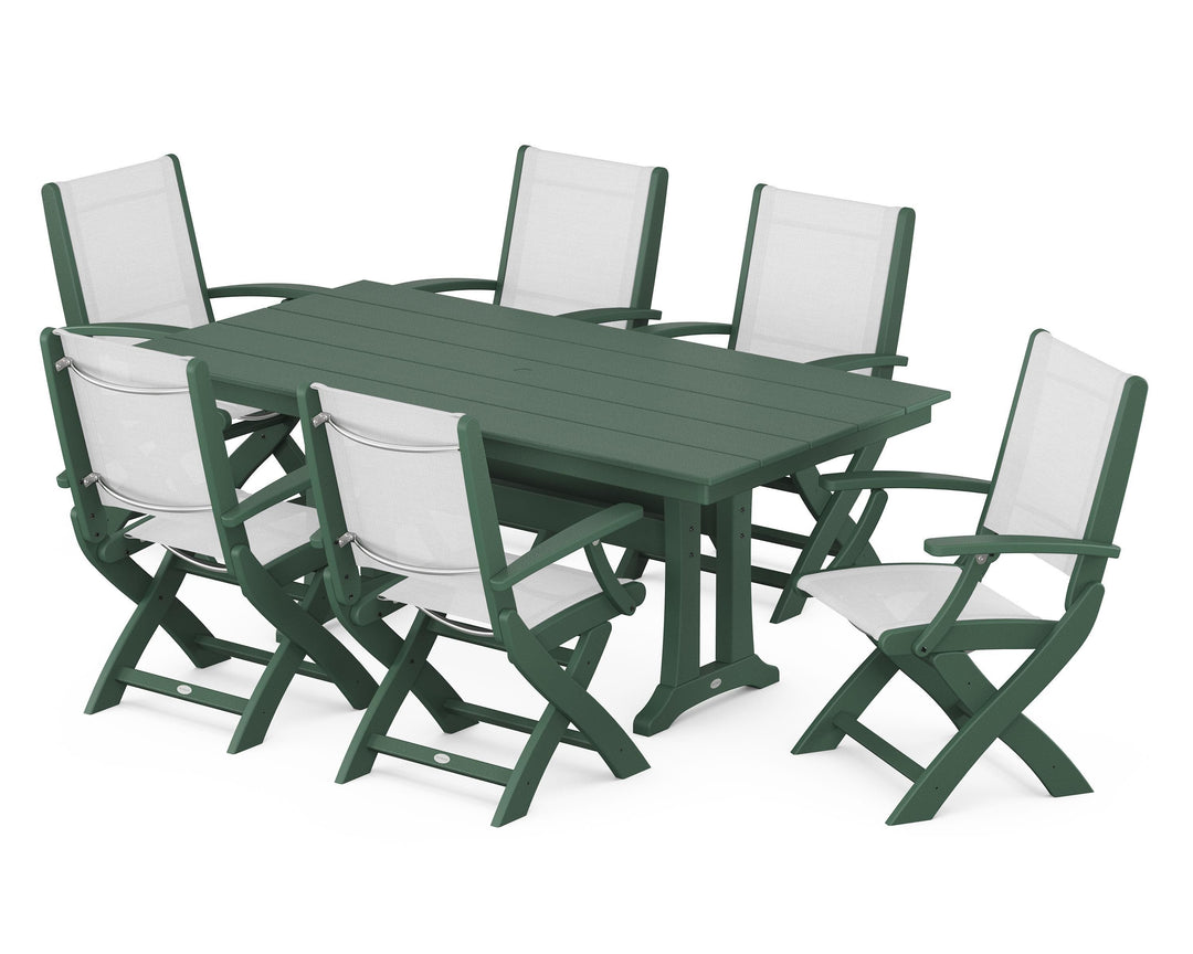 POLYWOOD® Coastal Folding Arm Chair 7-Piece Farmhouse Dining Set with Trestle Legs