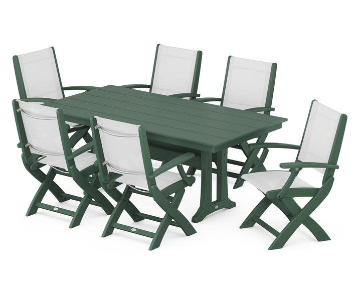 POLYWOOD® Coastal Folding Arm Chair 7-Piece Farmhouse Dining Set with Trestle Legs