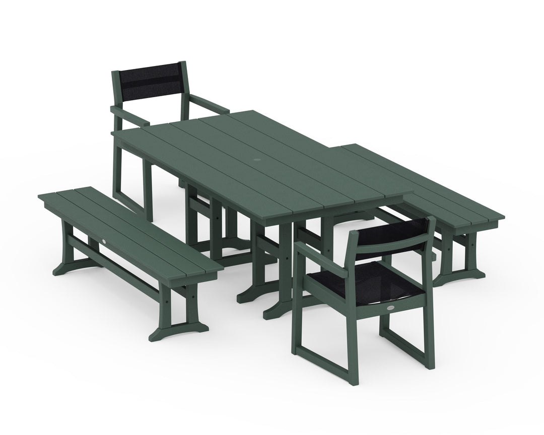 POLYWOOD® EDGE Sling Arm Chair 5-Piece Farmhouse Dining Set with Benches