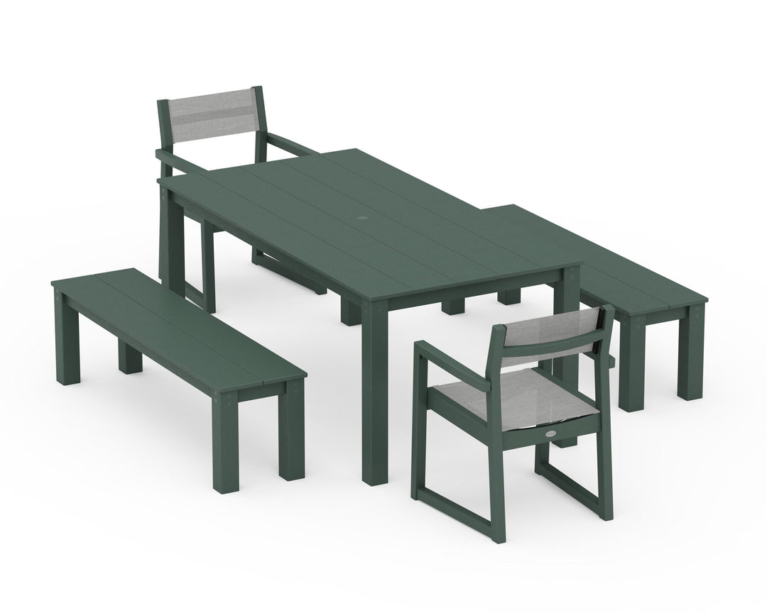 POLYWOOD® EDGE Sling Arm Chair 5-Piece Parsons Dining Set with Benches